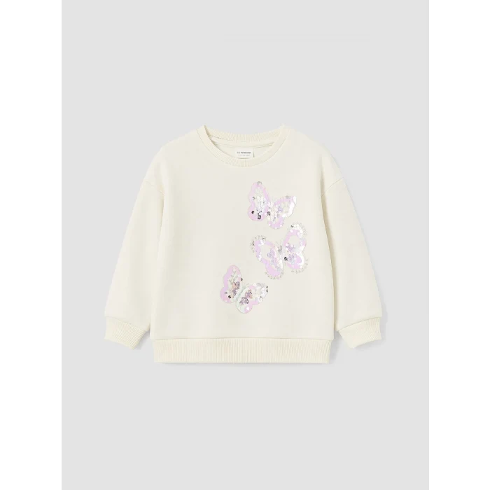 LCW Kids Ekru Bisiklet Yaka Payetli Kız Çocuk Sweatshirt