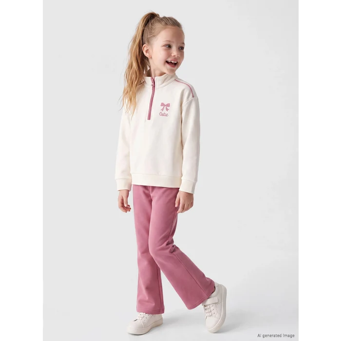 LCW Kids Ekru Dik Yaka Kız Çocuk Soft Touch Taytlı Takım
