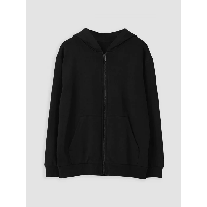 LCW Kids Siyah Kapüşonlu Erkek Çocuk Fermuarlı Sweatshirt