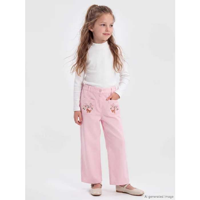 LCW Kids Pembe Wideleg Kız Çocuk Nakışlı Pantolon