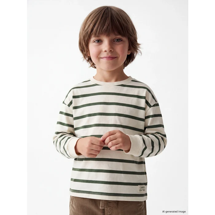 LCW Kids Haki Bisiklet Yaka Çizgili Erkek Çocuk Tişört