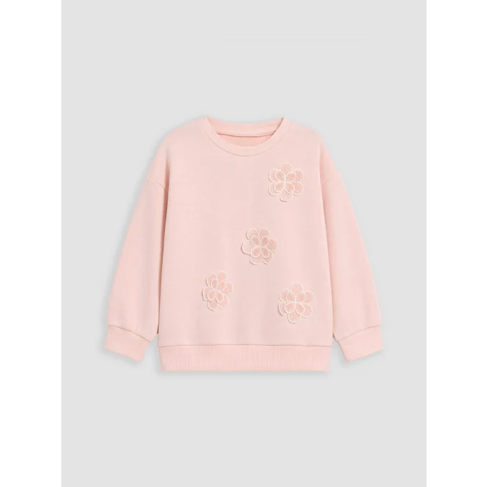 LCW Kids Pembe Bisiklet Yaka Nakışlı Kız Çocuk Sweatshirt