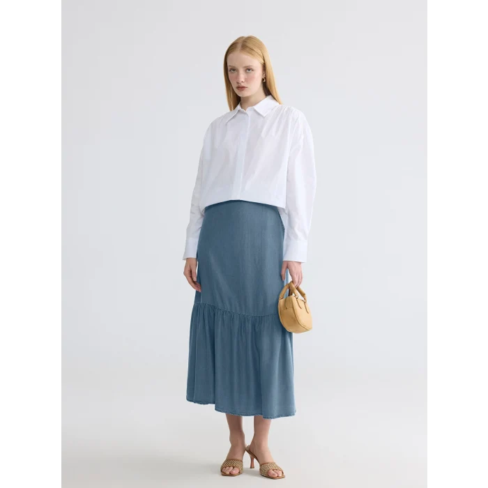 LCW Modest İndigo Beli Lastikli Fırfırlı Jean Etek