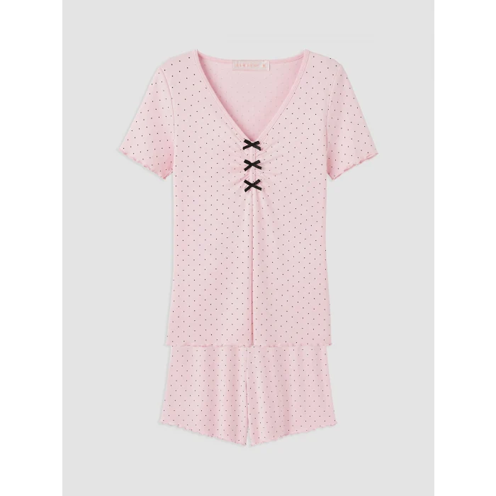 LCW DREAM Pembe V Yaka Puantiyeli Kadın Şortlu Pijama Takımı