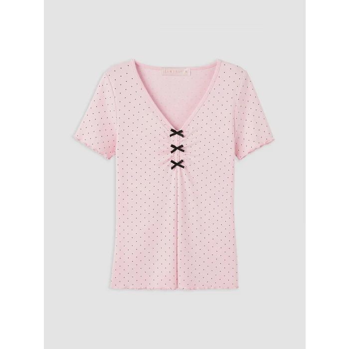 LCW DREAM Pembe V Yaka Puantiyeli Kadın Şortlu Pijama Takımı