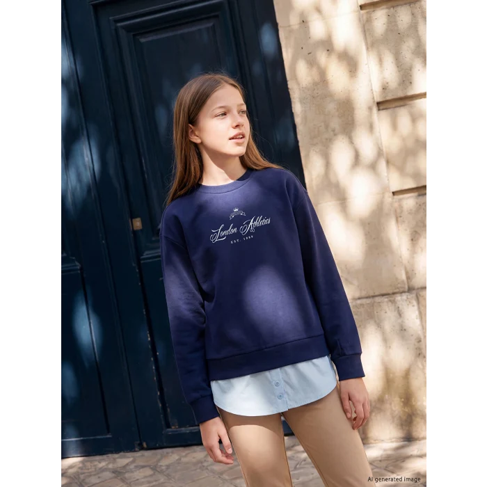 LCW Kids Lacivert Bisiklet Yaka Baskılı Kız Çocuk Sweatshirt