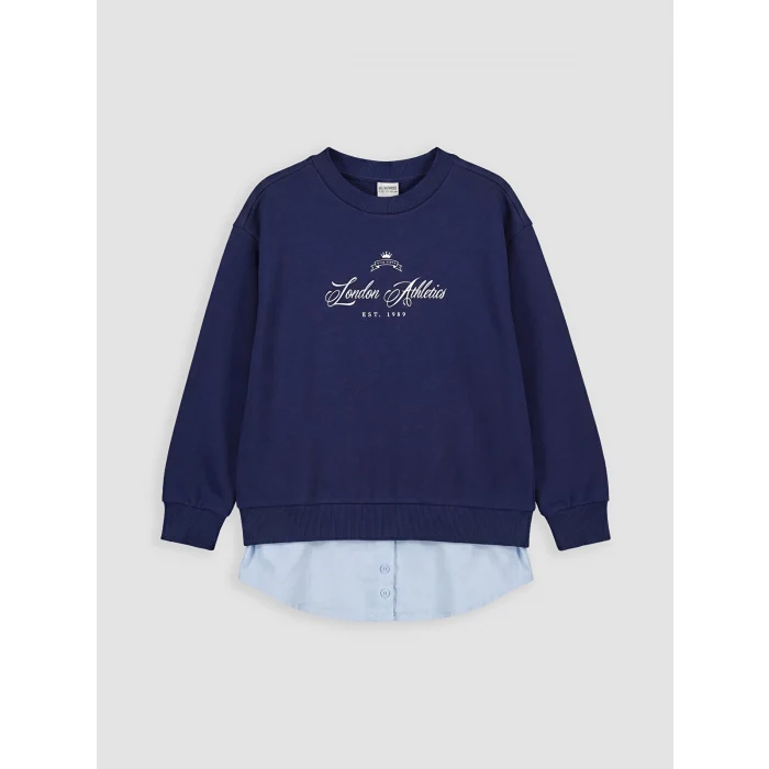 LCW Kids Lacivert Bisiklet Yaka Baskılı Kız Çocuk Sweatshirt