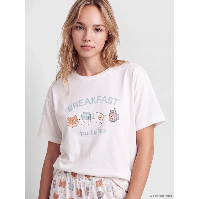 LCW Young Ekru Bisiklet Yaka Baskılı Kadın Kaprili Pijama Takımı
