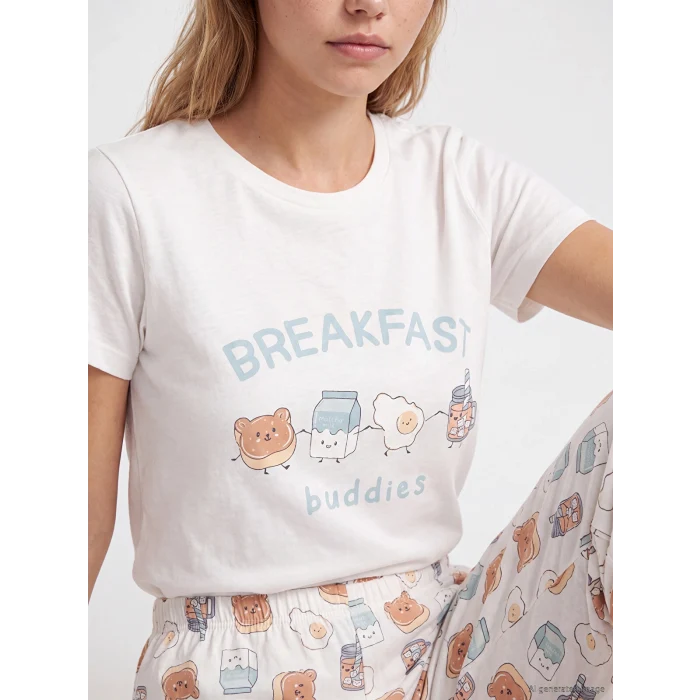 LCW Young Ekru Bisiklet Yaka Baskılı Kadın Kaprili Pijama Takımı