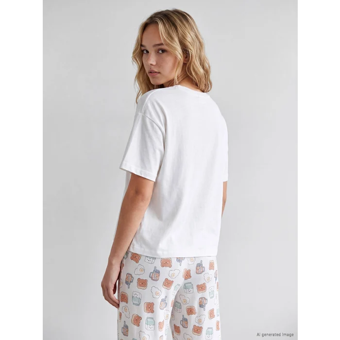 LCW Young Ekru Bisiklet Yaka Baskılı Kadın Kaprili Pijama Takımı