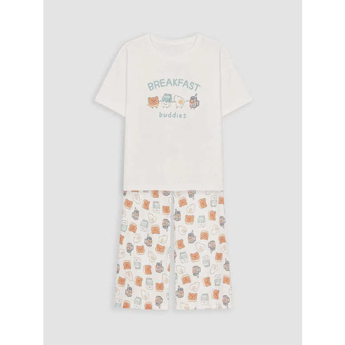 LCW Young Ekru Bisiklet Yaka Baskılı Kadın Kaprili Pijama Takımı