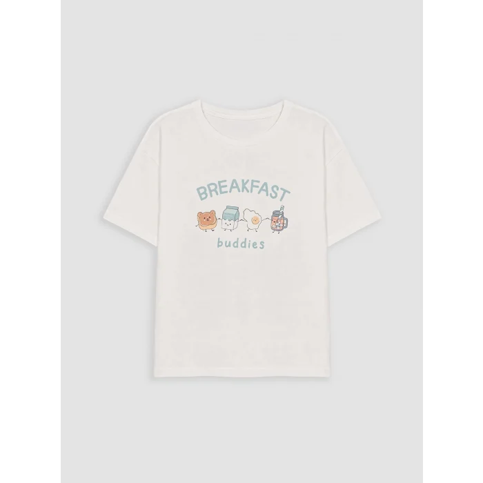 LCW Young Ekru Bisiklet Yaka Baskılı Kadın Kaprili Pijama Takımı