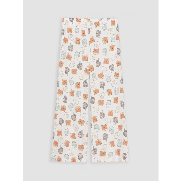 LCW Young Ekru Bisiklet Yaka Baskılı Kadın Kaprili Pijama Takımı