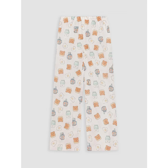 LCW Young Ekru Bisiklet Yaka Baskılı Kadın Kaprili Pijama Takımı