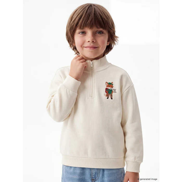 LCW Kids Bej Dik Yaka Baskılı Erkek Çocuk Sweatshirt