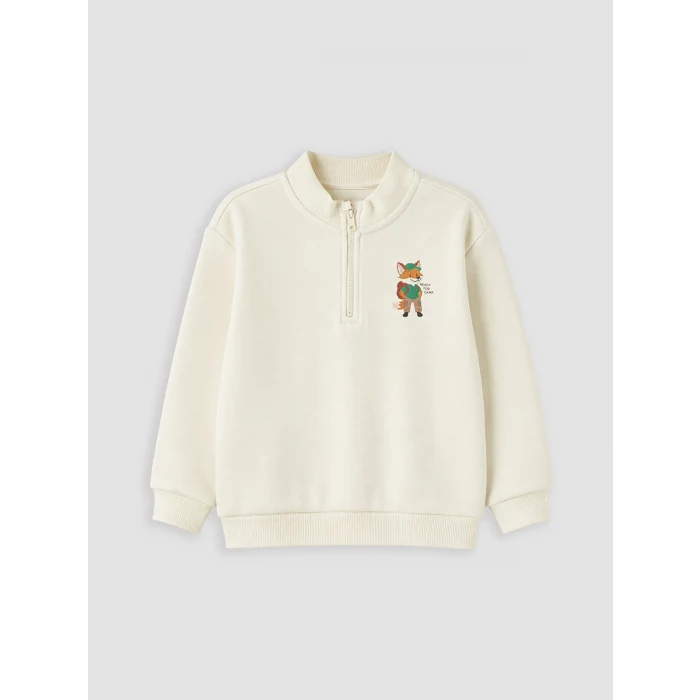 LCW Kids Bej Dik Yaka Baskılı Erkek Çocuk Sweatshirt