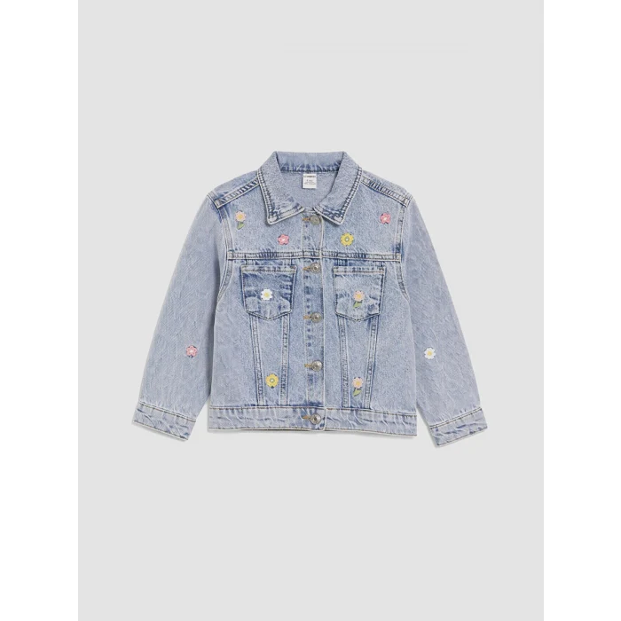 LCW Kids Mavi Gömlek Yaka Nakışlı Kız Çocuk Jean Ceket