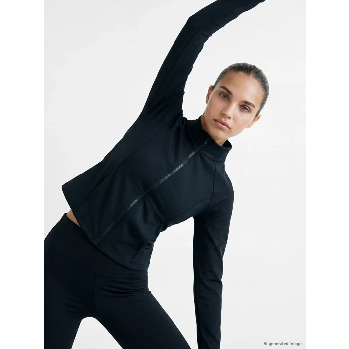 KOOR SPORT Siyah Dik Yaka Parmak Geçmeli Kadın Fermuarlı Sweatshirt