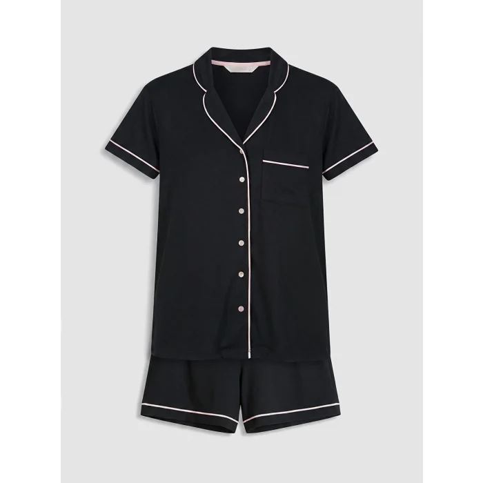 LCW DREAM Siyah Gömlek Yaka Kadın Şortlu Pijama Takımı