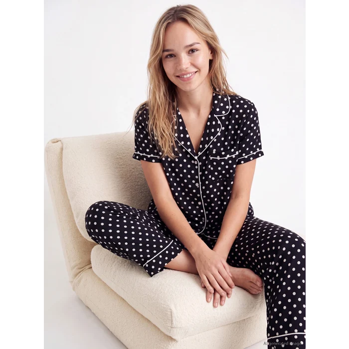 LCW DREAM Siyah Gömlek Yaka Puantiyeli Kadın Pijama Takımı