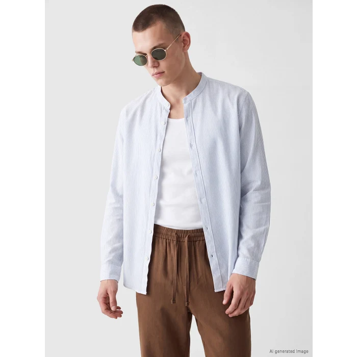 XSIDE Mavi Regular Fit Hakim Yaka Çizgili Poplin Erkek Gömlek