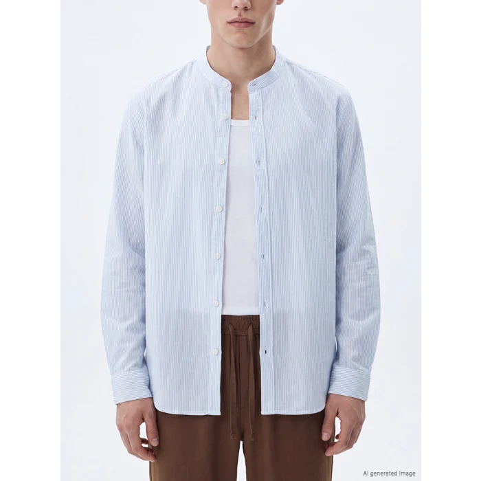 XSIDE Mavi Regular Fit Hakim Yaka Çizgili Poplin Erkek Gömlek