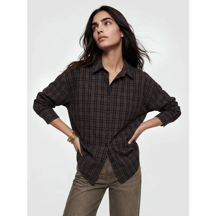 LCW Vision Kahverengi Ekose Oversize Kadın Gömlek