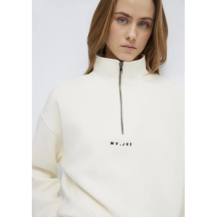 Mavi 1S10533-89145 MVJNS Nakışlı Yarı Fermuarlı Ekru Sweatshirt
