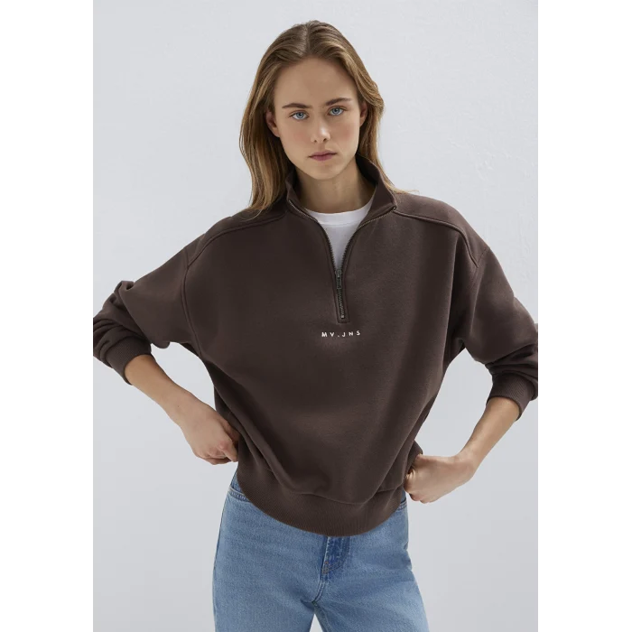 Mavi 1S10533-71603 MVJNS Nakışlı Yarı Fermuarlı Kahverengi Sweatshirt