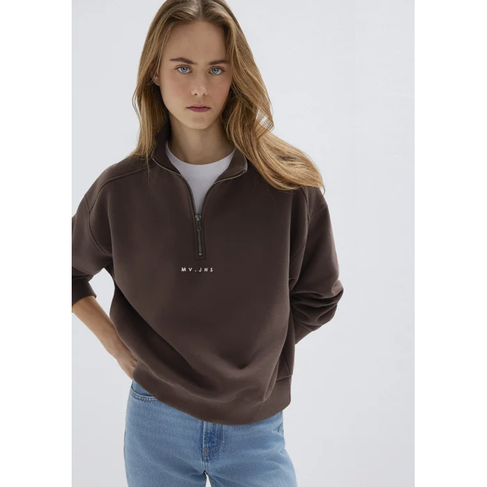 Mavi 1S10533-71603 MVJNS Nakışlı Yarı Fermuarlı Kahverengi Sweatshirt
