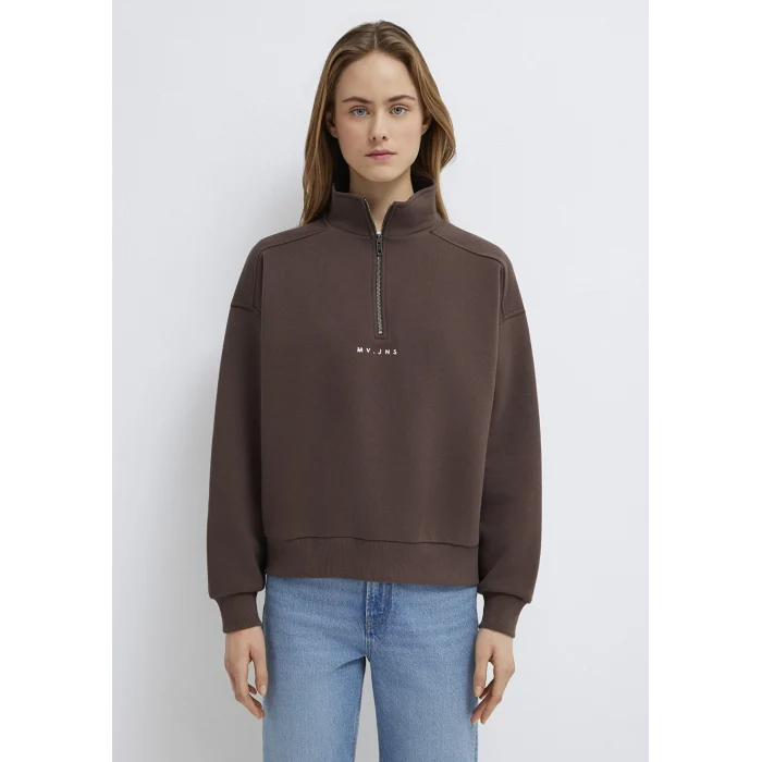 Mavi 1S10533-71603 MVJNS Nakışlı Yarı Fermuarlı Kahverengi Sweatshirt