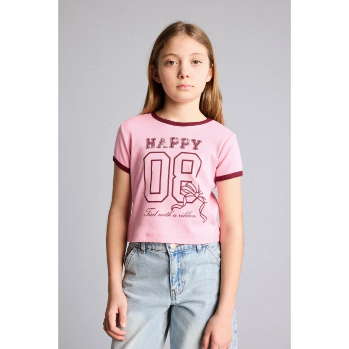 Defacto D8542A8PN253 Pembe Baskılı Fitilli Kaşkorse Tişört Kız Çocuk
