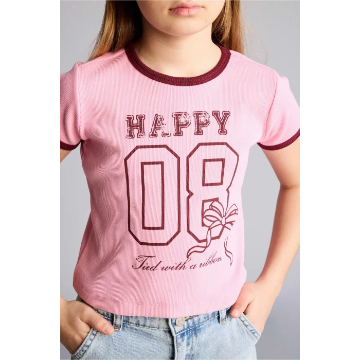 Defacto D8542A8PN253 Pembe Baskılı Fitilli Kaşkorse Tişört Kız Çocuk