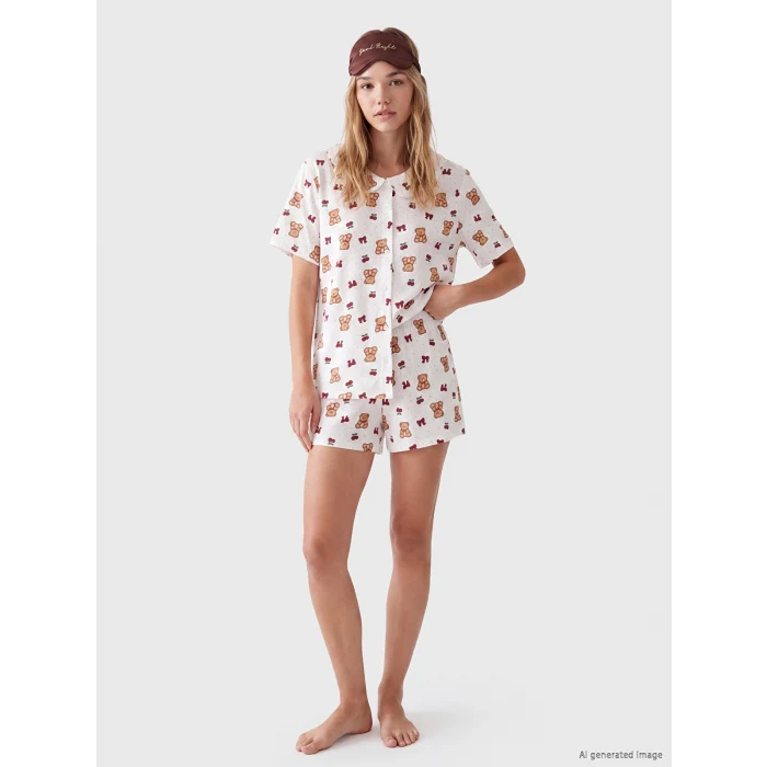 LCW Young Ekru Bebe Yaka Ayıcık Baskılı Kadın Şortlu Pijama Takımı