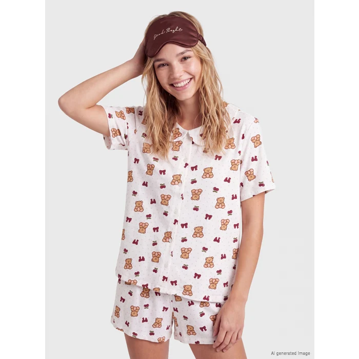 LCW Young Ekru Bebe Yaka Ayıcık Baskılı Kadın Şortlu Pijama Takımı