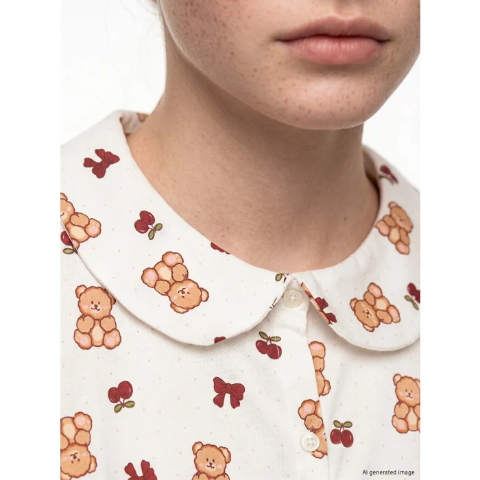 LCW Young Ekru Bebe Yaka Ayıcık Baskılı Kadın Şortlu Pijama Takımı