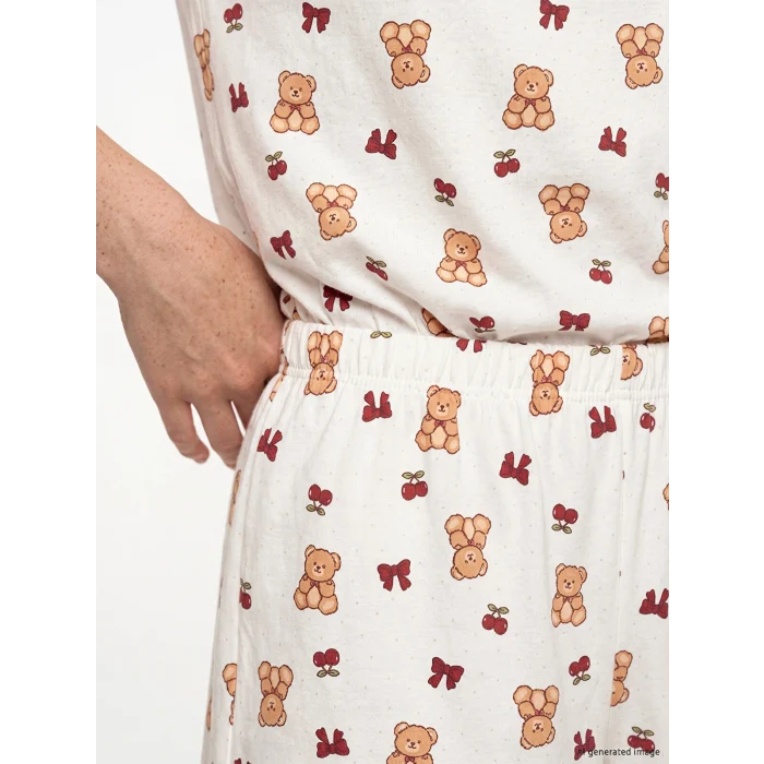 LCW Young Ekru Bebe Yaka Ayıcık Baskılı Kadın Şortlu Pijama Takımı