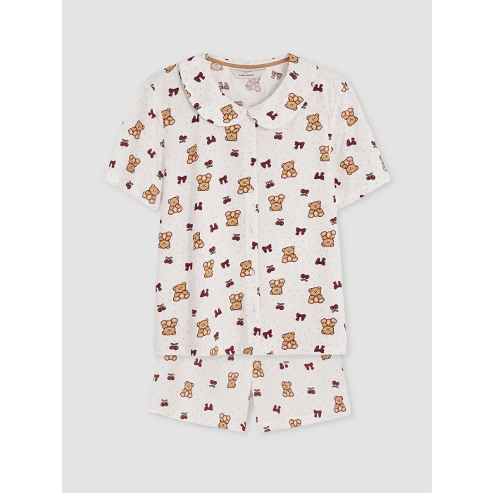 LCW Young Ekru Bebe Yaka Ayıcık Baskılı Kadın Şortlu Pijama Takımı