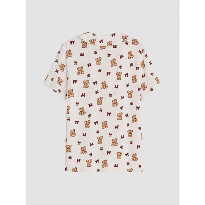 LCW Young Ekru Bebe Yaka Ayıcık Baskılı Kadın Şortlu Pijama Takımı