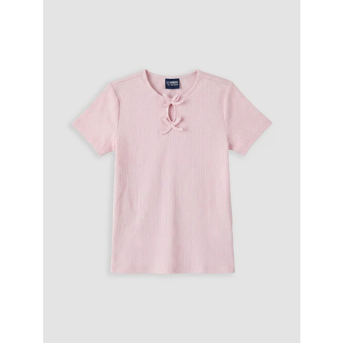 LCW Kids Pembe Bisiklet Yaka Kız Çocuk Fiyonk Detaylı Tişört