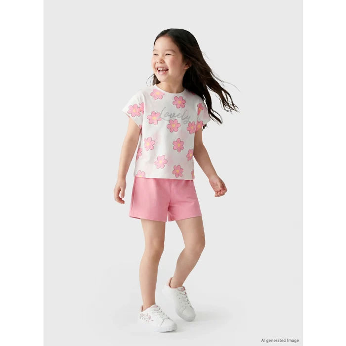 LCW Kids Ekru Simli Çiçekli Kız Çocuk Şortlu Takım