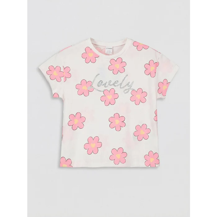 LCW Kids Ekru Simli Çiçekli Kız Çocuk Şortlu Takım