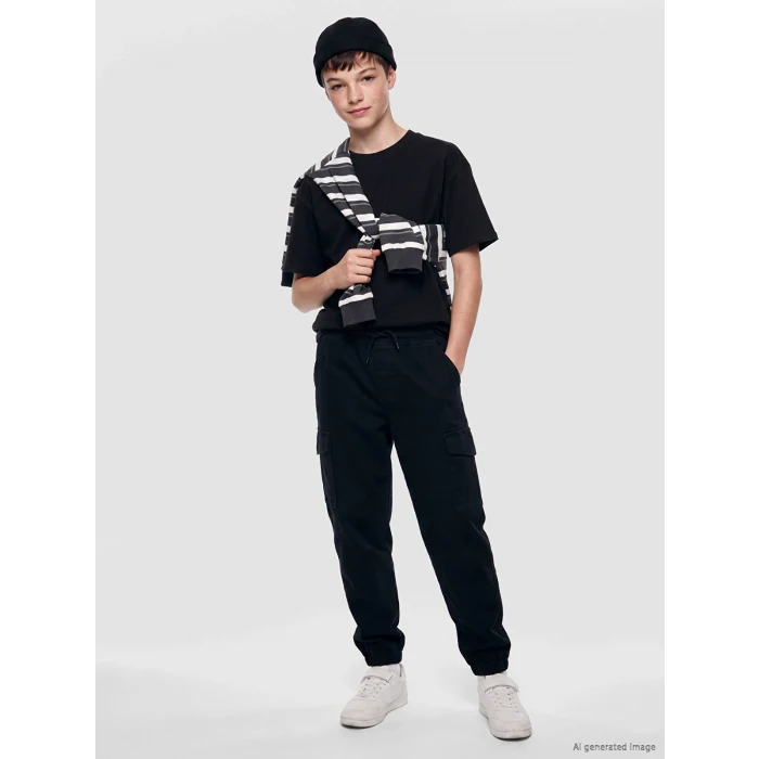 LCW Kids Siyah Erkek Çocuk Gabardin Kargo Pantolon