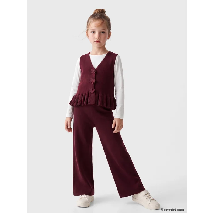 LCW Kids Bordo Çiçek Düğmeli Kız Çocuk Triko Takım