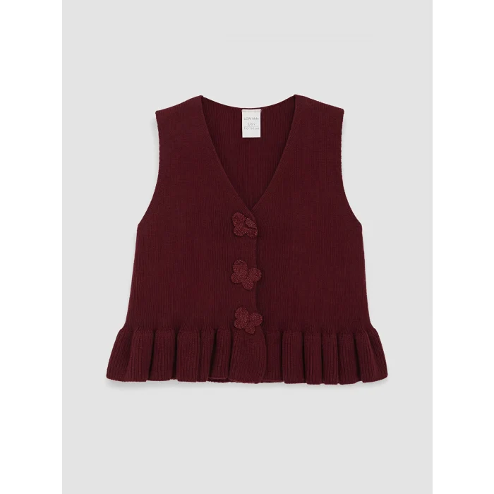 LCW Kids Bordo Çiçek Düğmeli Kız Çocuk Triko Takım