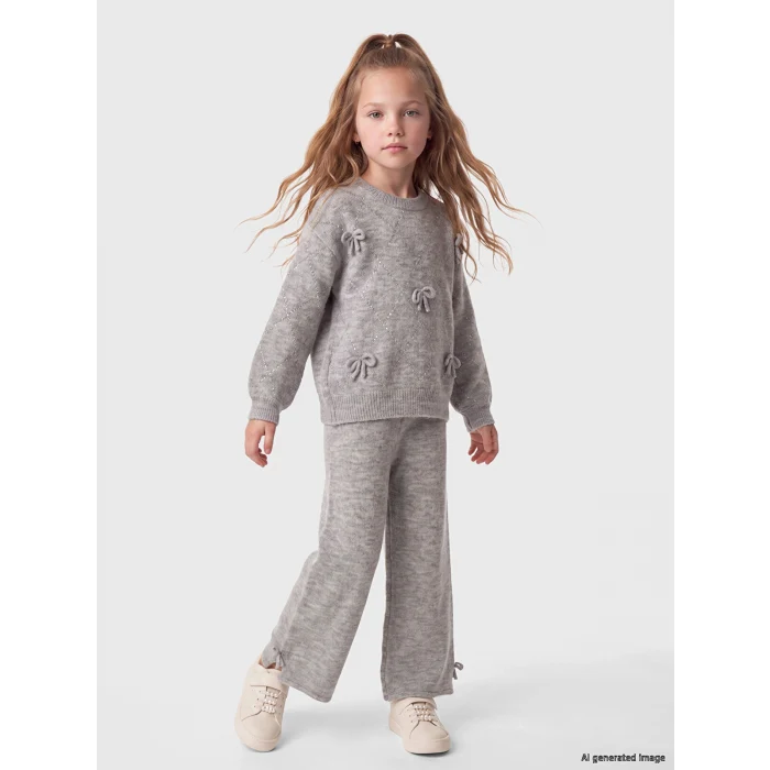 LCW Kids Gri Fiyonk Detaylı Kız Çocuk Triko Takım