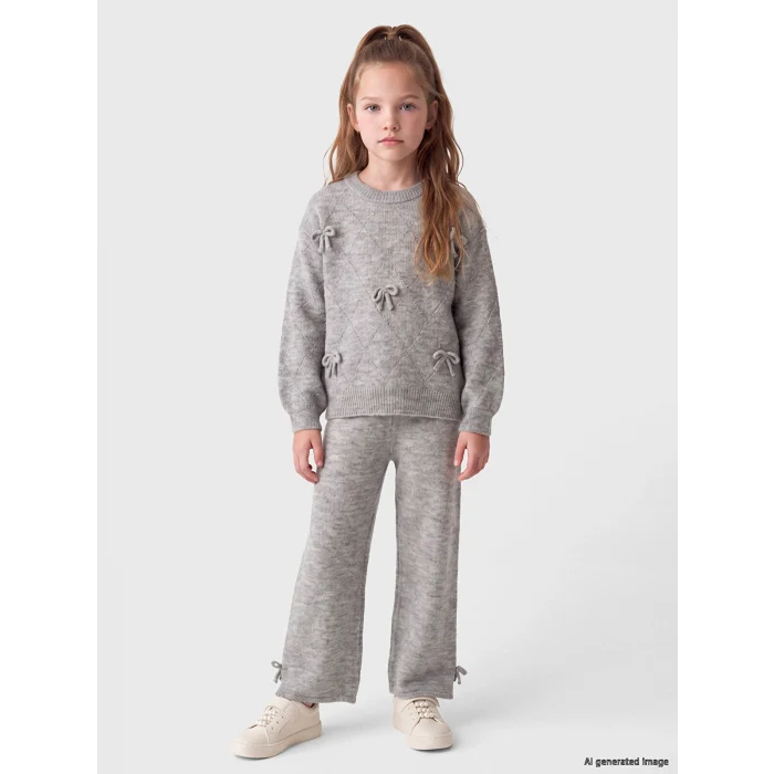LCW Kids Gri Fiyonk Detaylı Kız Çocuk Triko Takım