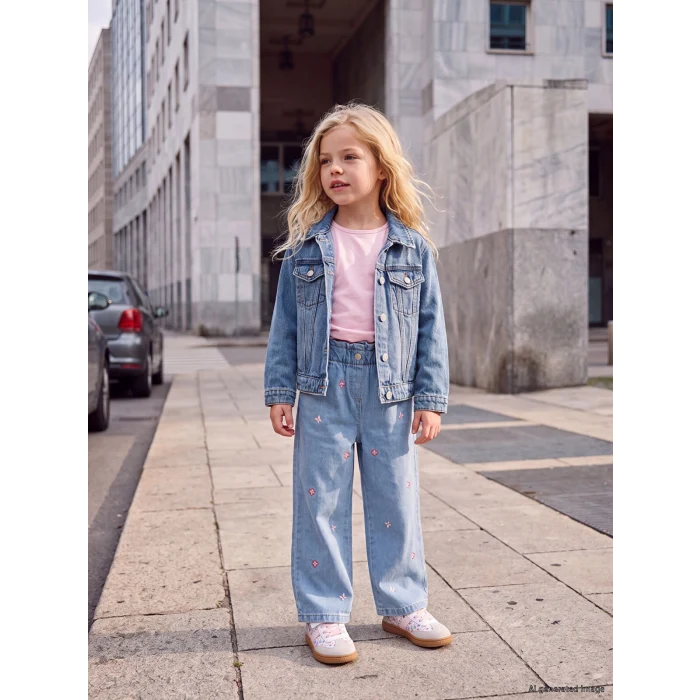 LCW Kids İndigo Wideleg Nakışlı Kız Çocuk Jean Pantolon