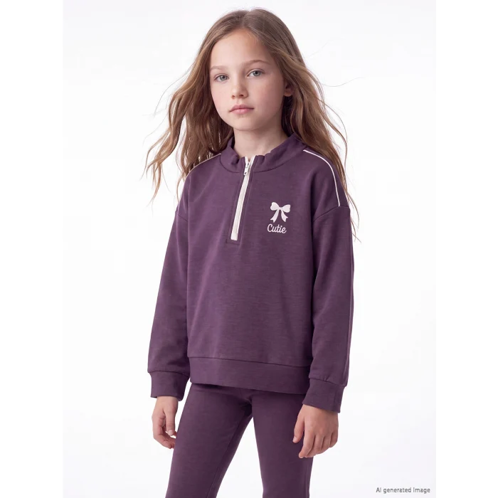 LCW Kids Mor Dik Yaka Kız Çocuk Soft Touch Taytlı Takım