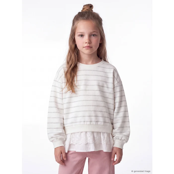 LCW Kids Ekru Bisiklet Yaka Fırfırlı Kız Çocuk Sweatshirt